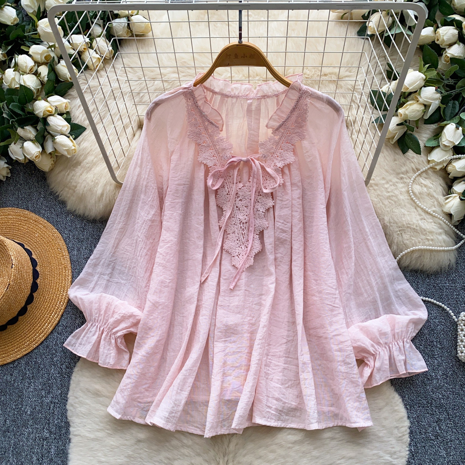 Womens Solid-Color Silk-Panel V-Neck Lace-Up Shirt — photo 12
