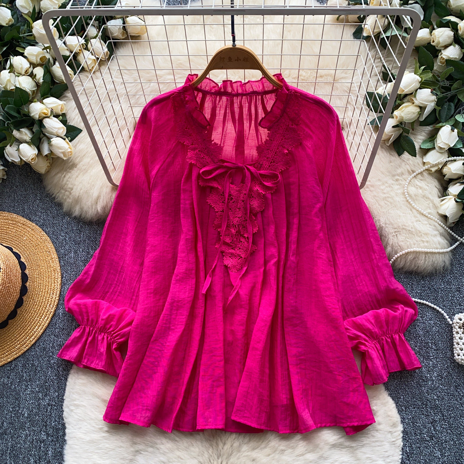 Womens Solid-Color Silk-Panel V-Neck Lace-Up Shirt — photo 4