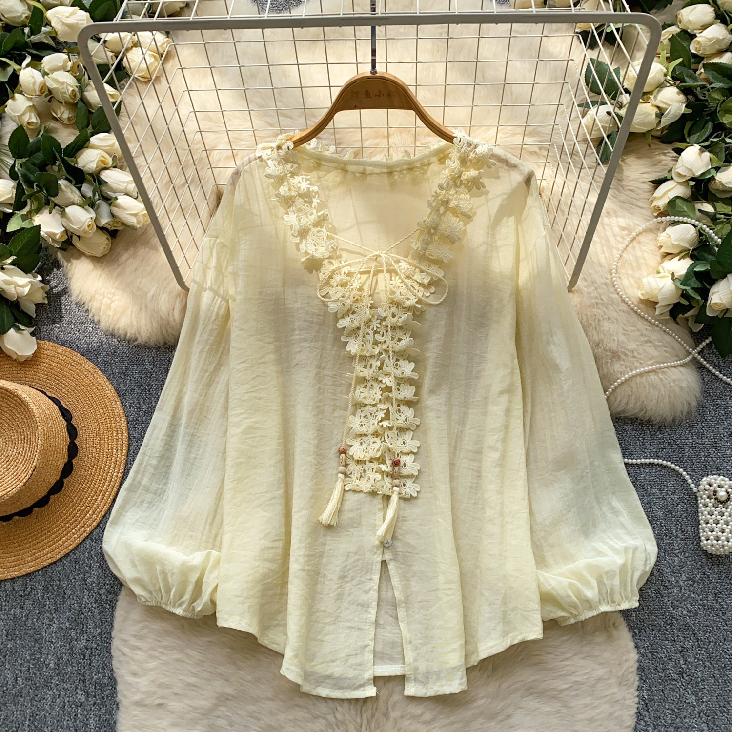 Womens Solid-Color Silk-Panel V-Neck Lace-Up Shirt — photo 5