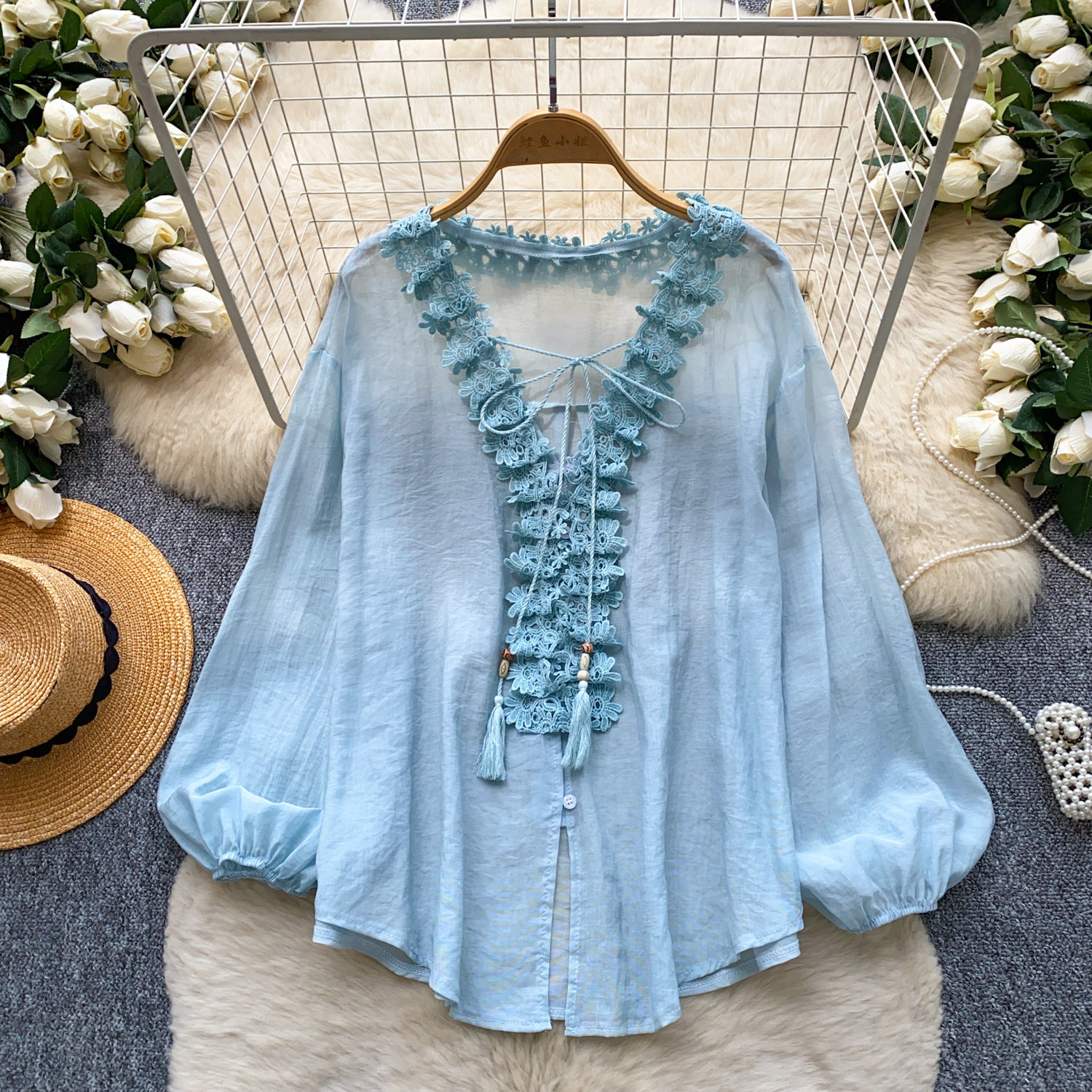 Womens Solid-Color Silk-Panel V-Neck Lace-Up Shirt — photo 6