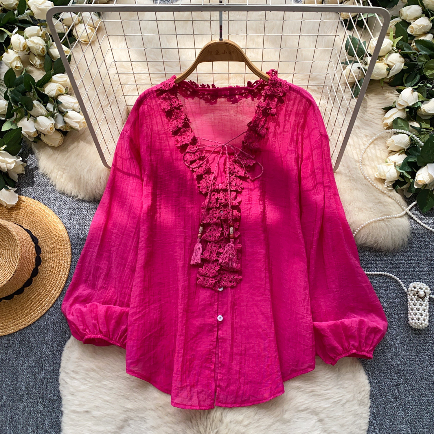 Womens Solid-Color Silk-Panel V-Neck Lace-Up Shirt — photo 7