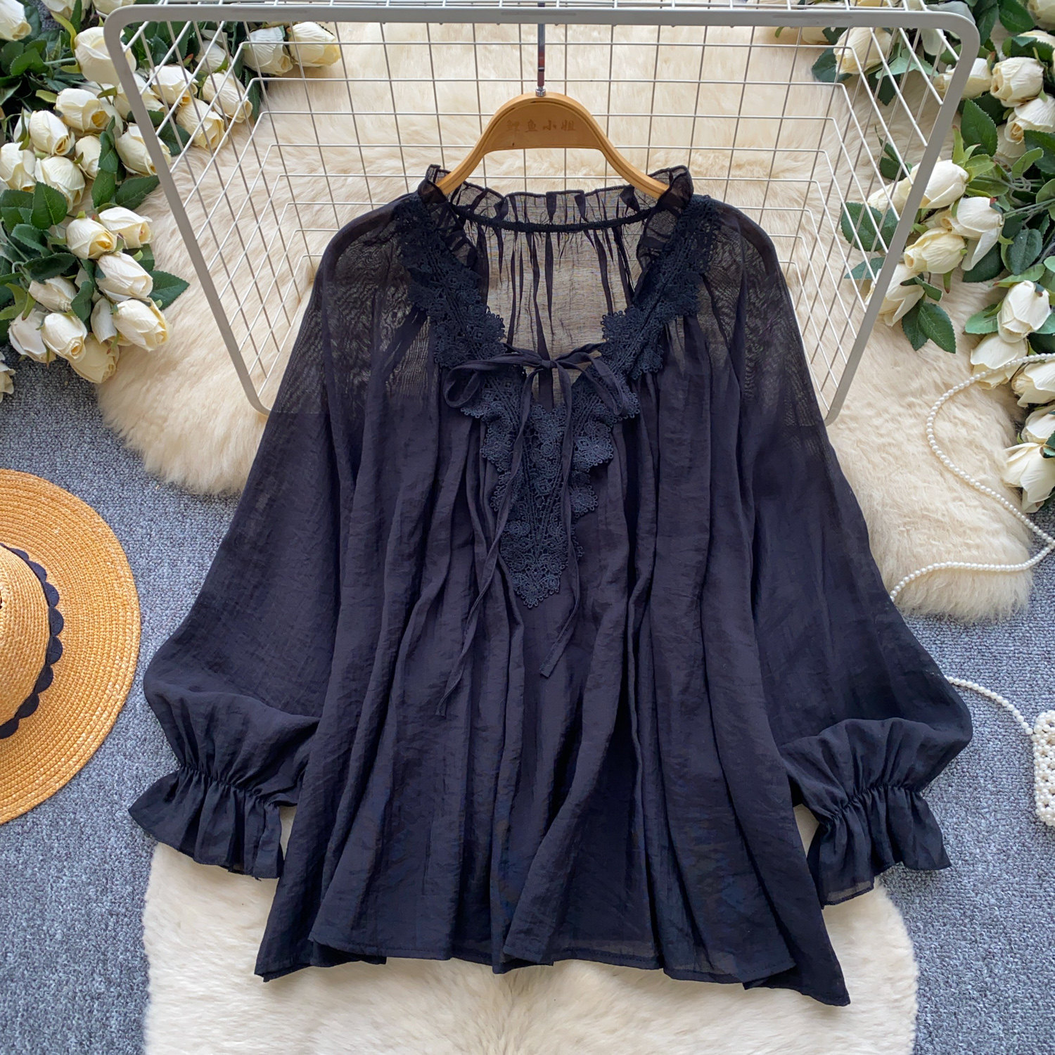 Womens Solid-Color Silk-Panel V-Neck Lace-Up Shirt — photo 8