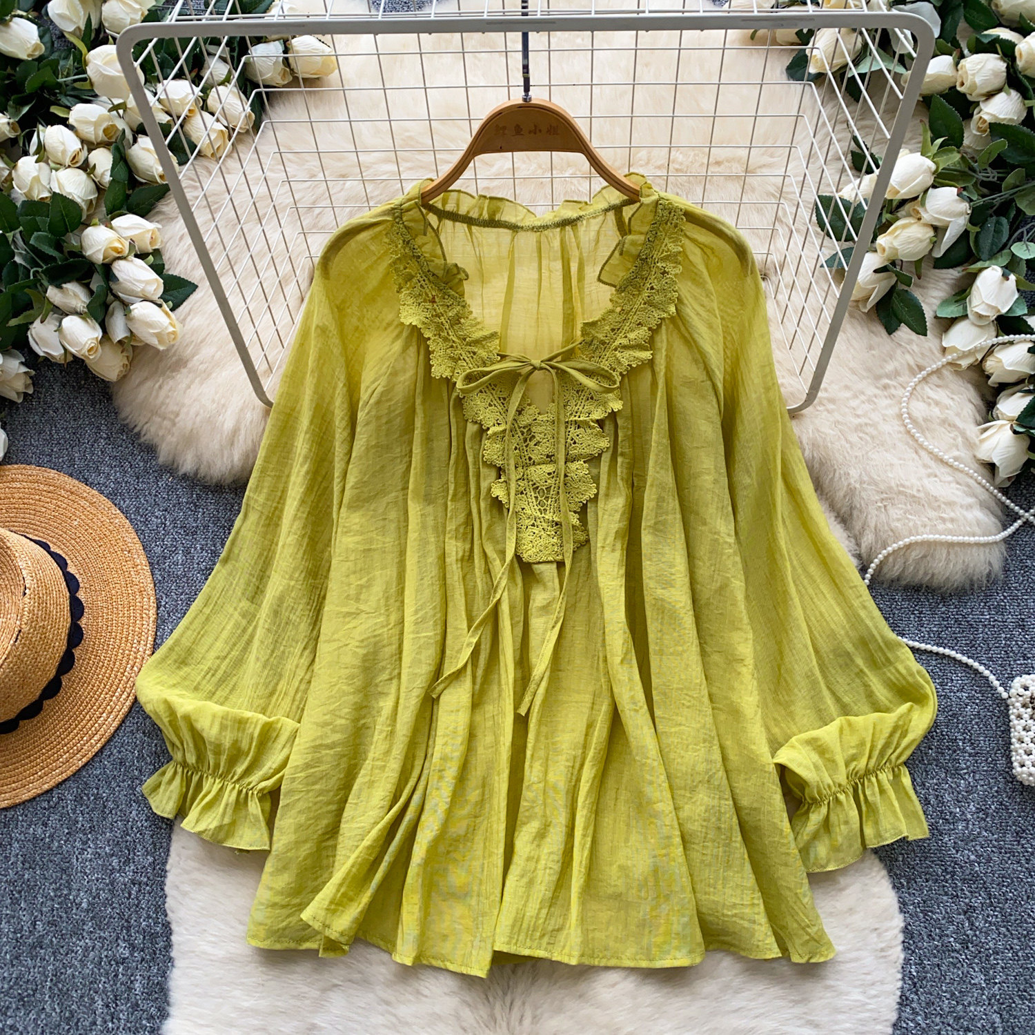 Womens Solid-Color Silk-Panel V-Neck Lace-Up Shirt — photo 9