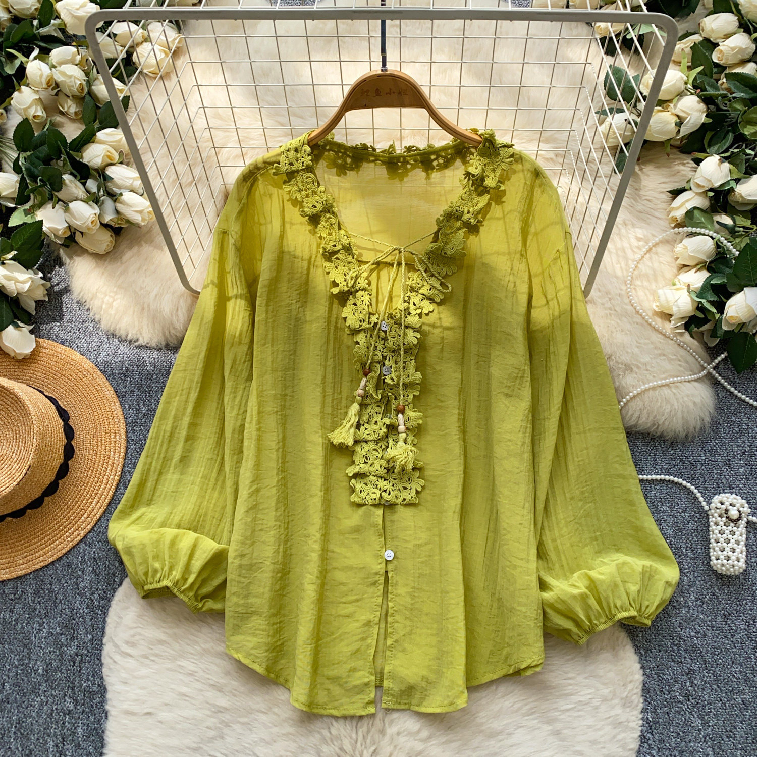 Womens Solid-Color Silk-Panel V-Neck Lace-Up Shirt — photo 10
