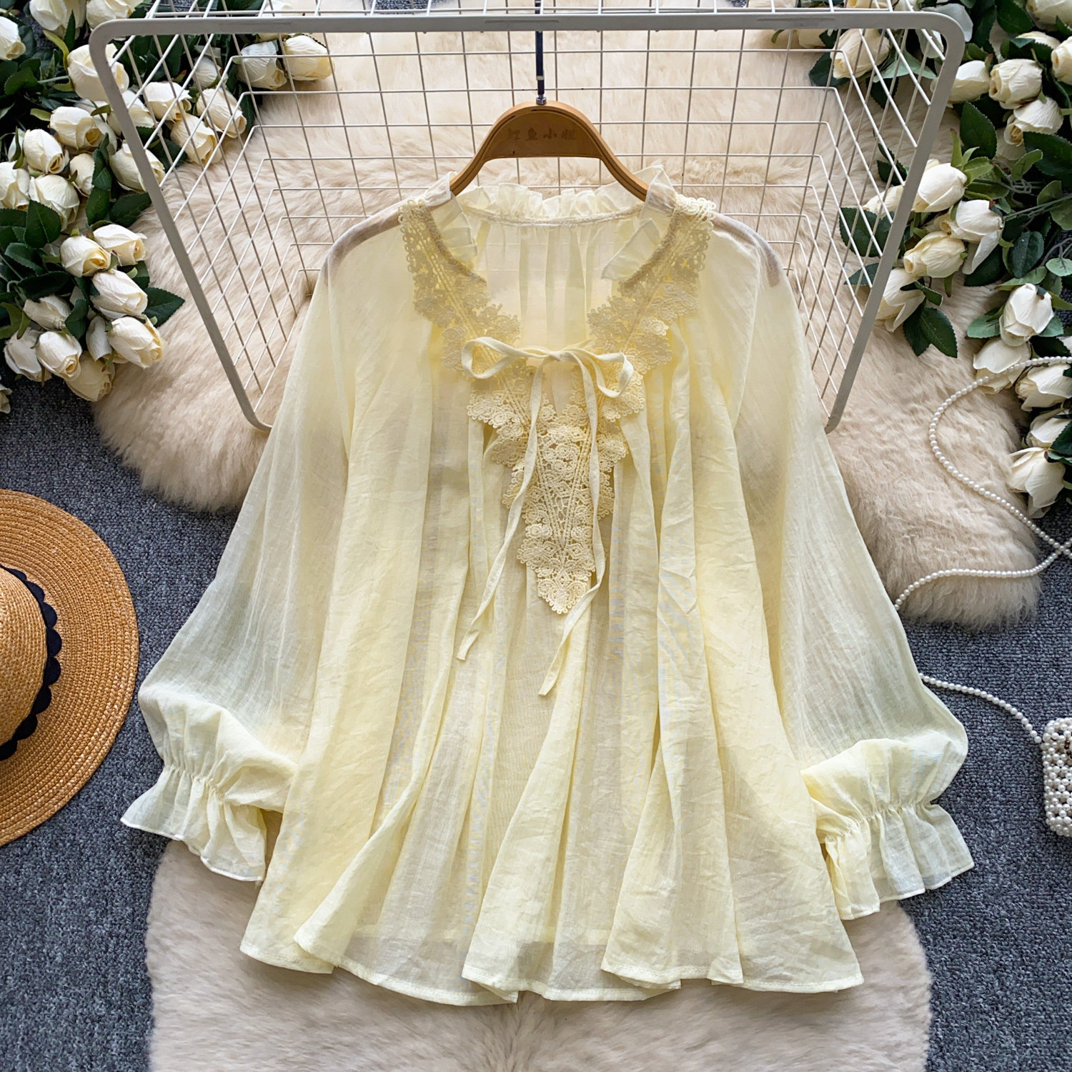 Womens Solid-Color Silk-Panel V-Neck Lace-Up Shirt — photo 11