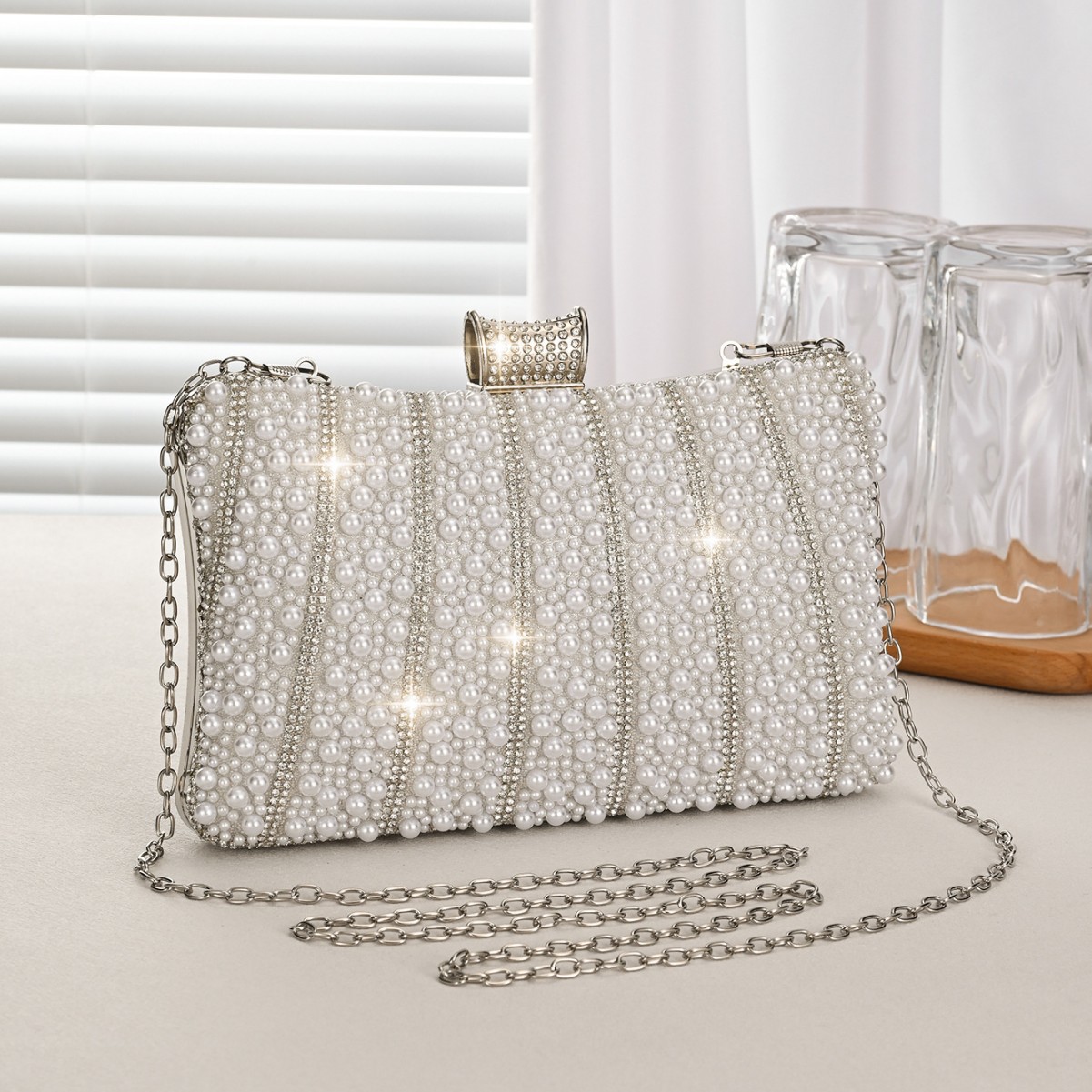 Pearl-embellished Diamond-studded Womens Chain Tote Crossbody Bag — photo 5