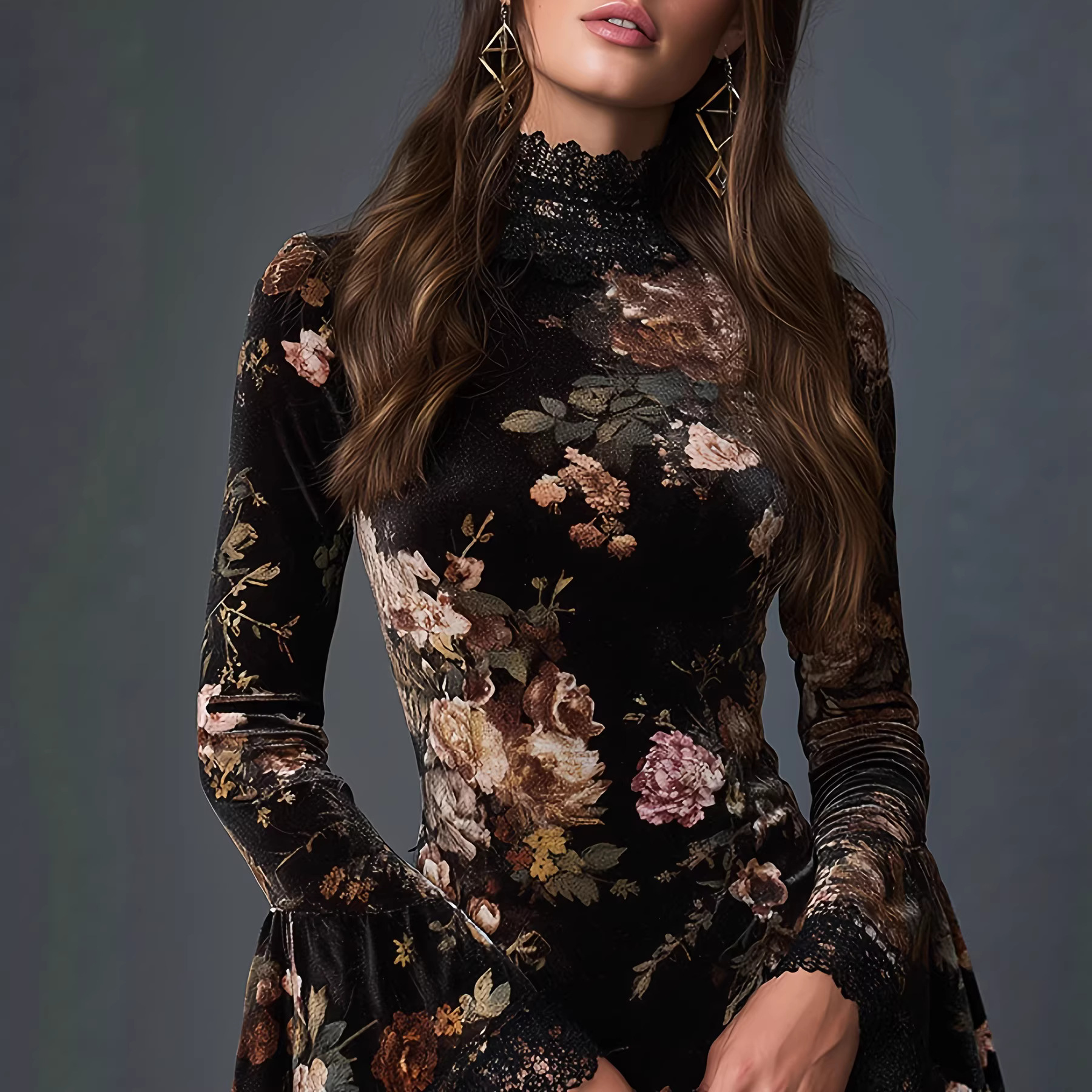 Printed Lace-panel Flared-sleeve Waist-cinching Mini Dress — photo 6