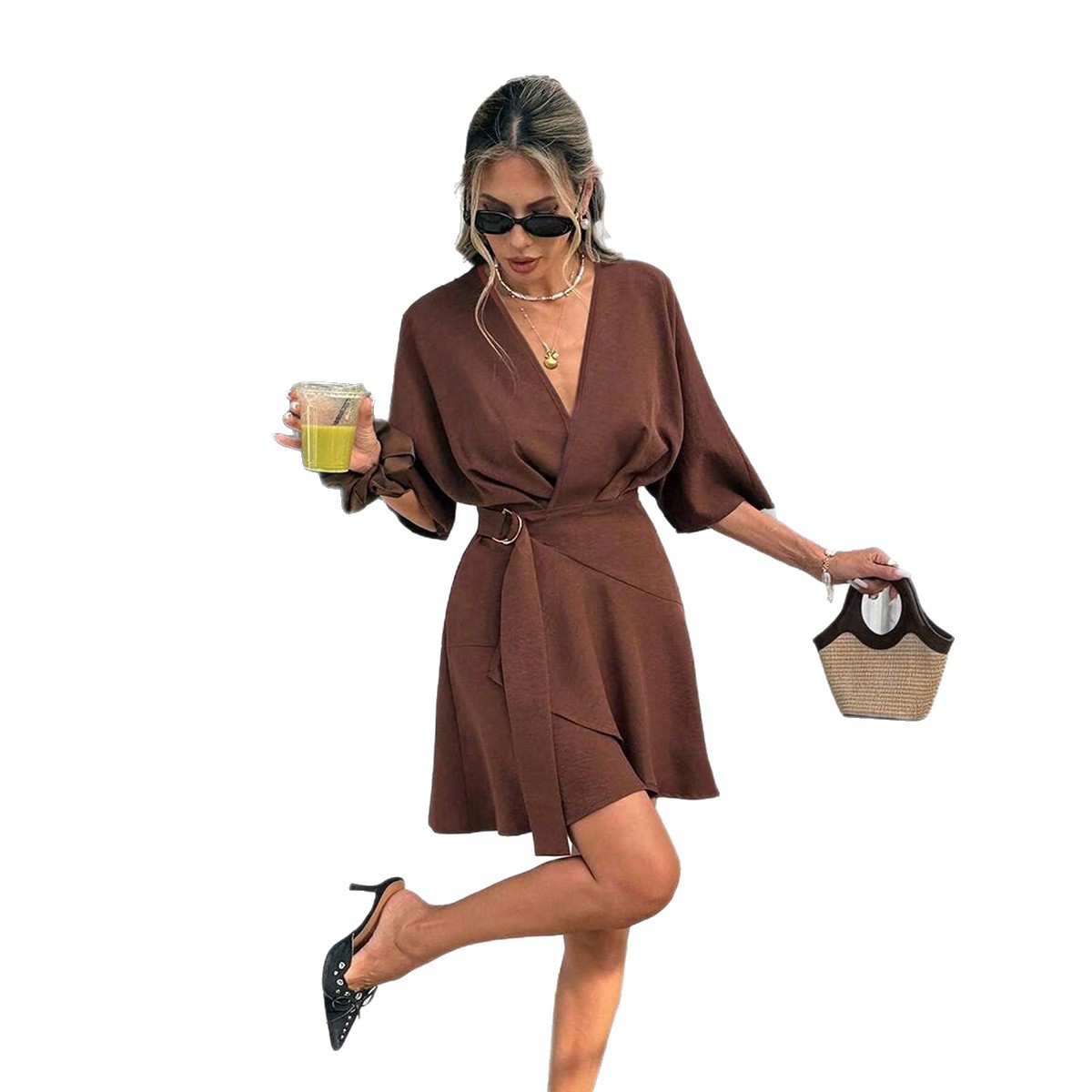Womens Solid-Color V-Neck Cross-Over Dress — photo 3