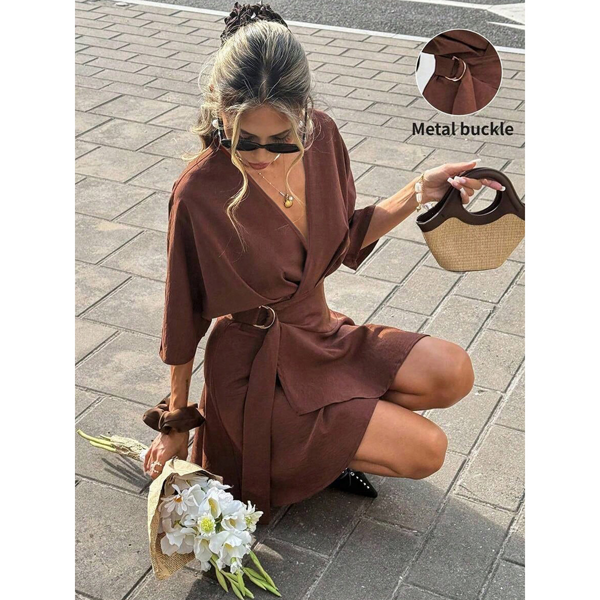 Womens Solid-Color V-Neck Cross-Over Dress — photo 6