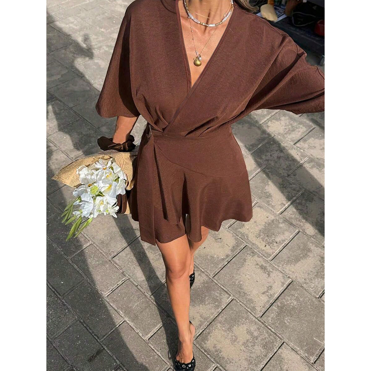 Womens Solid-Color V-Neck Cross-Over Dress — photo 7
