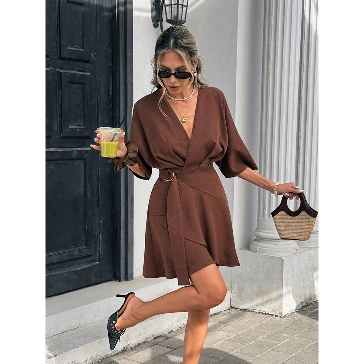 Womens Solid-Color V-Neck Cross-Over Dress — photo 8