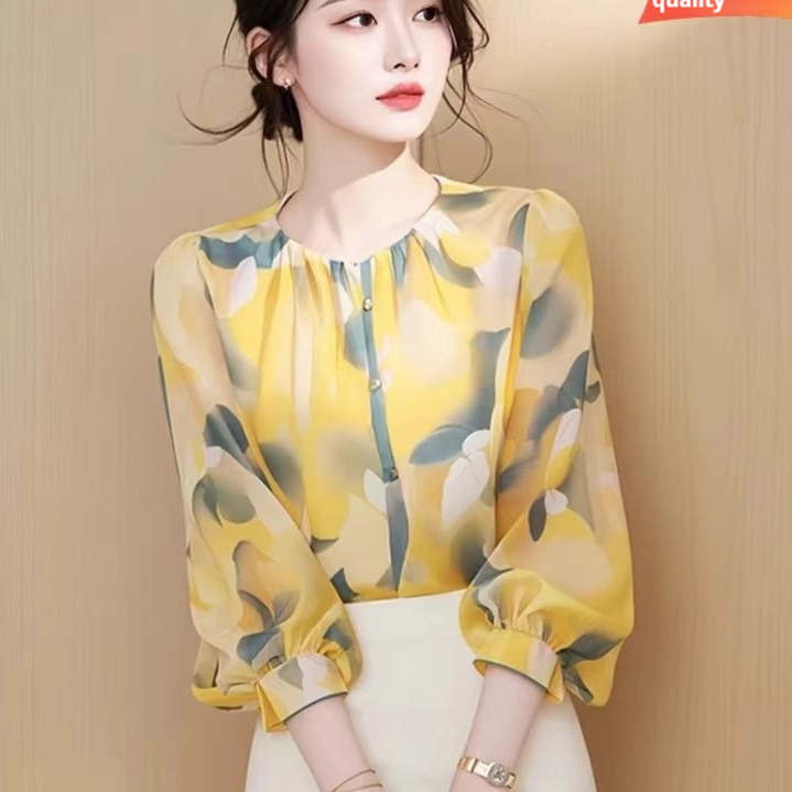 Womens French-style Floral Chiffon Blouse With Three-Quarter Sleeves — photo 6