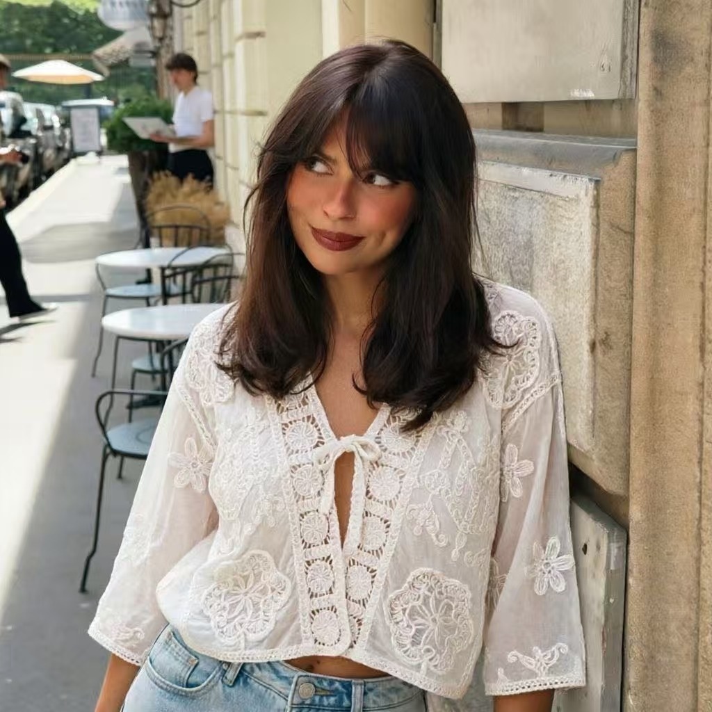 Women's Lace-up Cardigan Worn Over A V-neck Crocheted Openwork Shirt Top