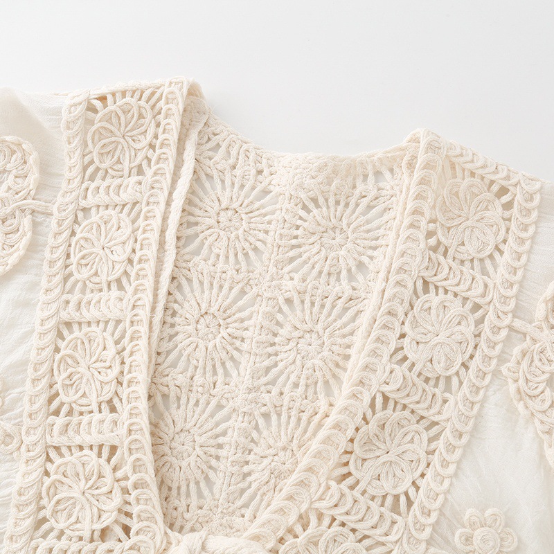 Women's Lace-up Cardigan Worn Over A V-neck Crocheted Openwork Shirt Top — photo 3