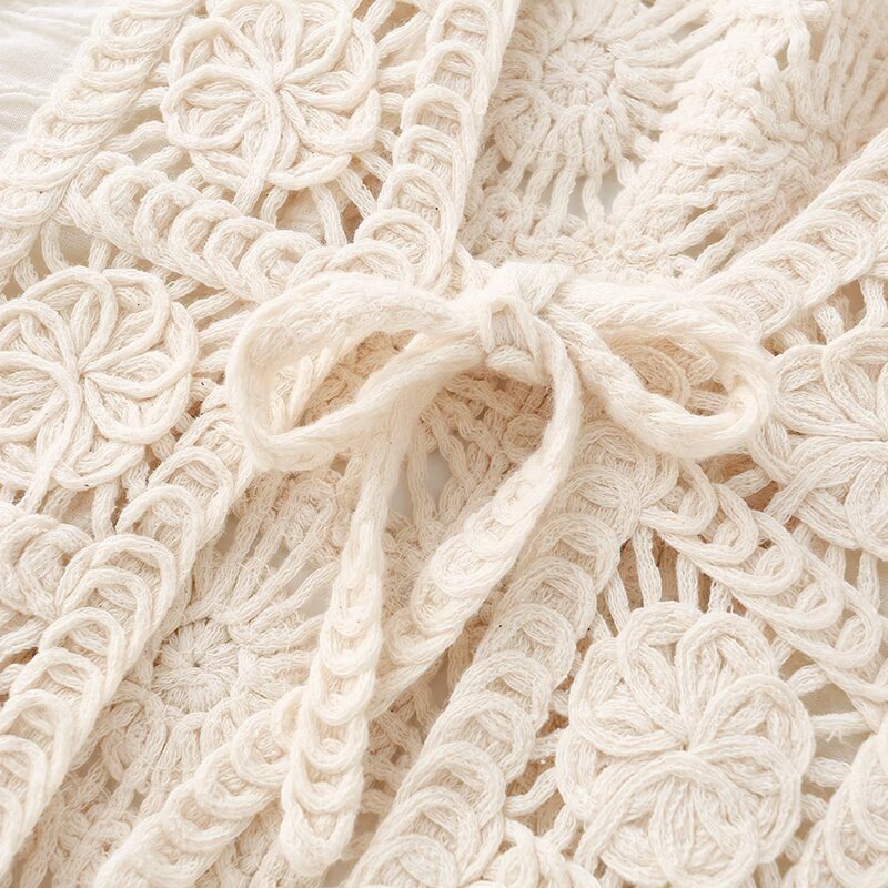 Women's Lace-up Cardigan Worn Over A V-neck Crocheted Openwork Shirt Top — photo 4