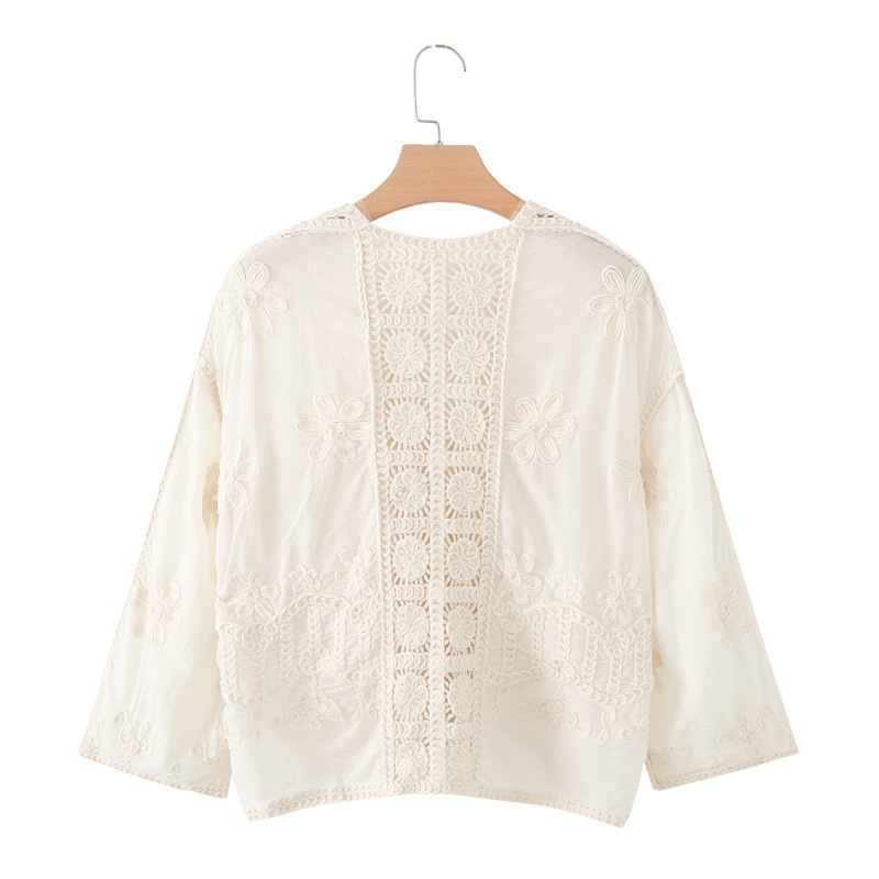Women's Lace-up Cardigan Worn Over A V-neck Crocheted Openwork Shirt Top — photo 6