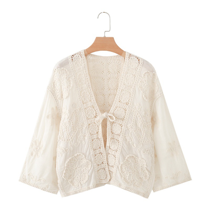 Women's Lace-up Cardigan Worn Over A V-neck Crocheted Openwork Shirt Top — photo 7