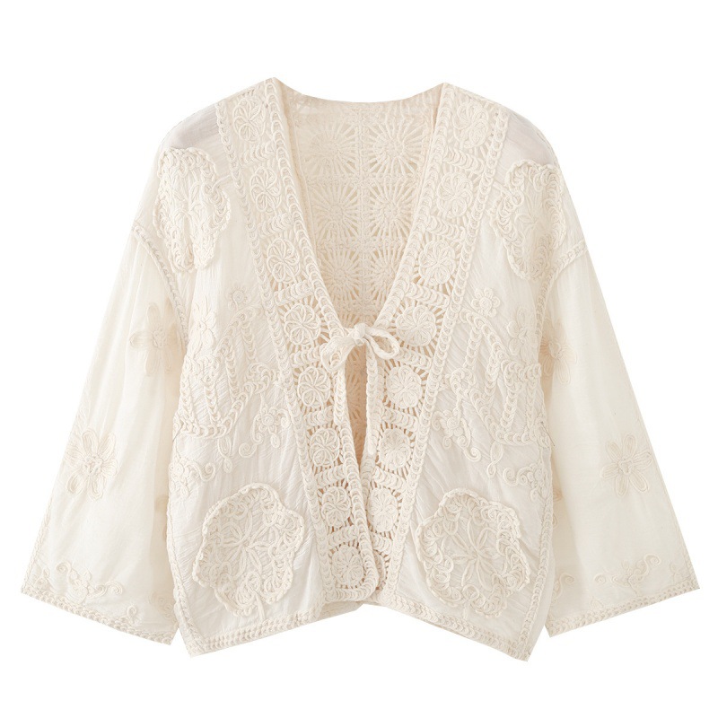 Women's Lace-up Cardigan Worn Over A V-neck Crocheted Openwork Shirt Top — photo 8