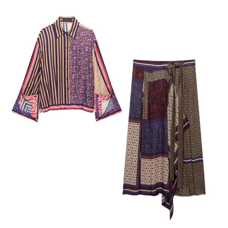 Fashionable Patchwork Printed Shirt And Skirt Set