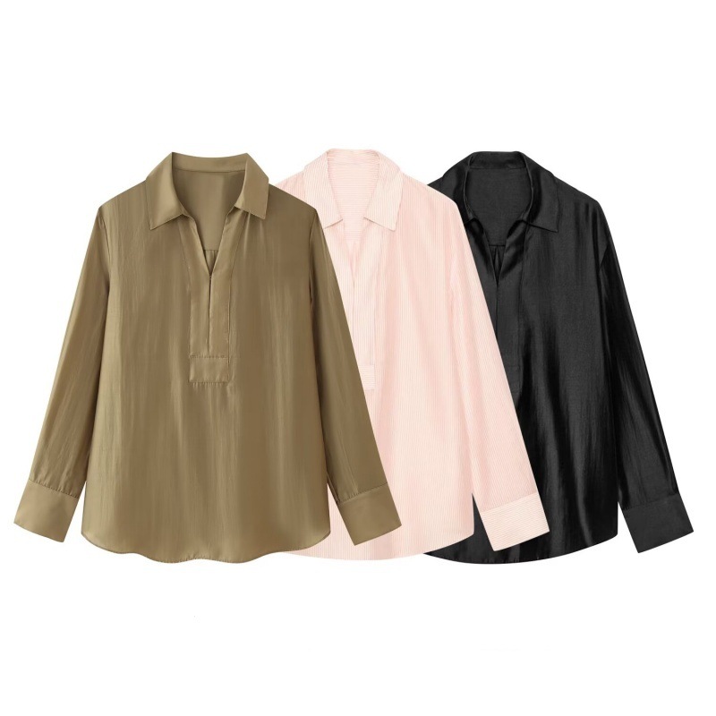 French-style Long-sleeve V-neck Elegant Versatile Striped Work Blouse — photo 3