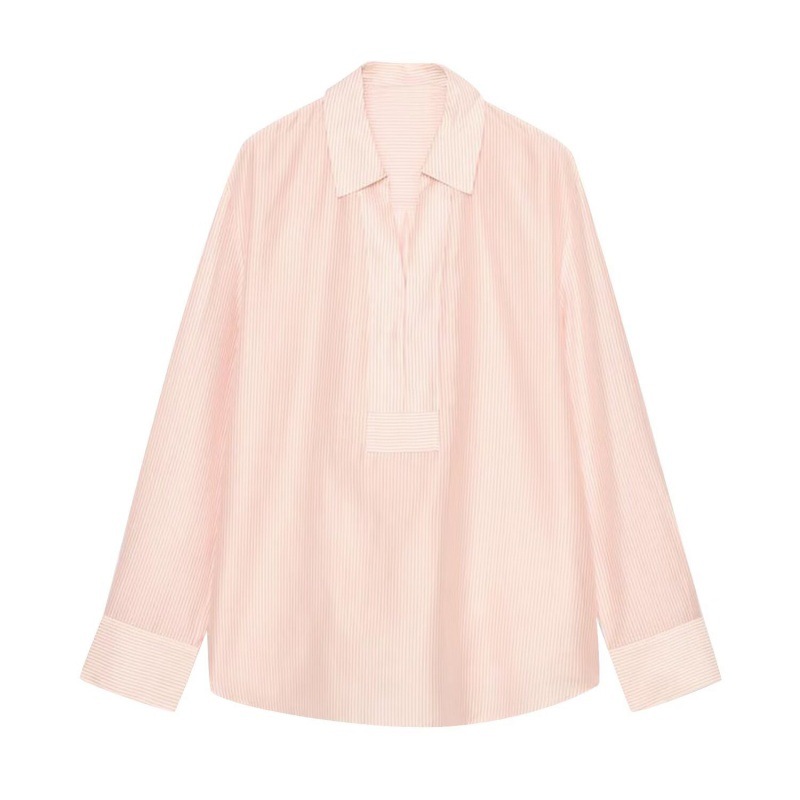 French-style Long-sleeve V-neck Elegant Versatile Striped Work Blouse — photo 4