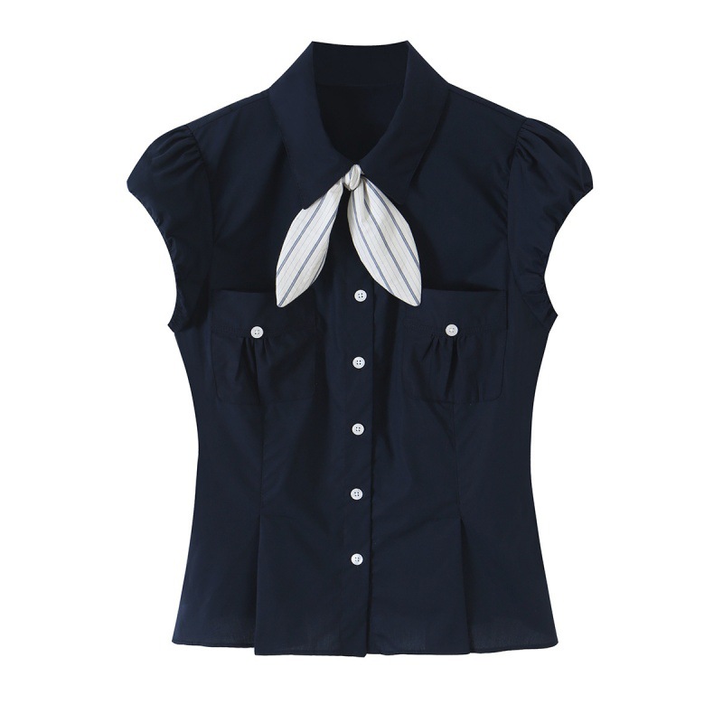 Bow-tie Silk Scarf Pocket Short-sleeve Blouse For Women — photo 3