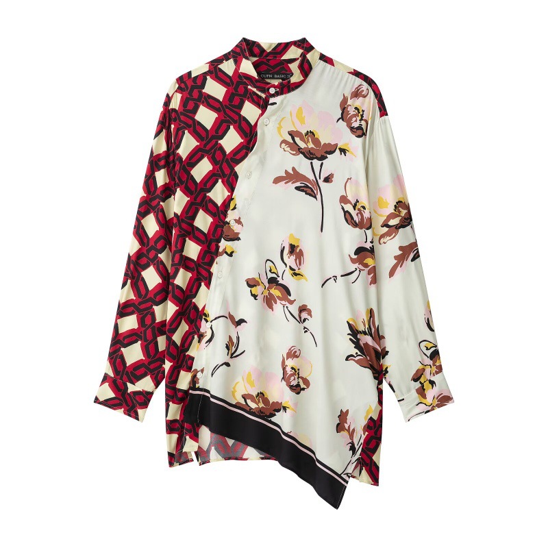 Cuban Style Contrast Color Floral Vintage Asymmetrical Shirt