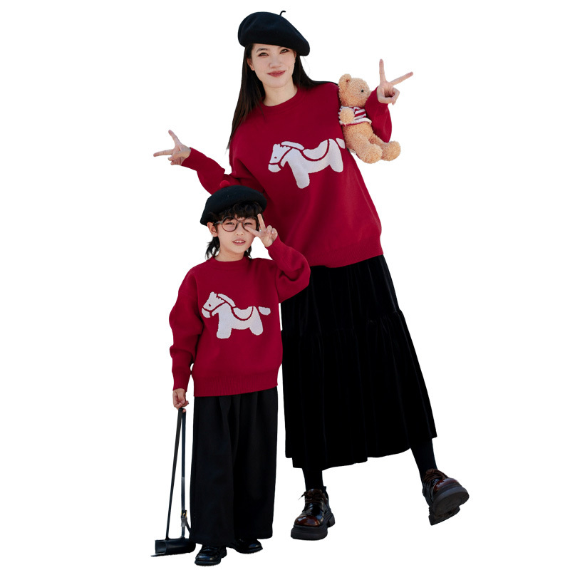 New Years Day Family Matching Sweater Red With A Little Horse Pattern For Mother And Daughter — photo 3