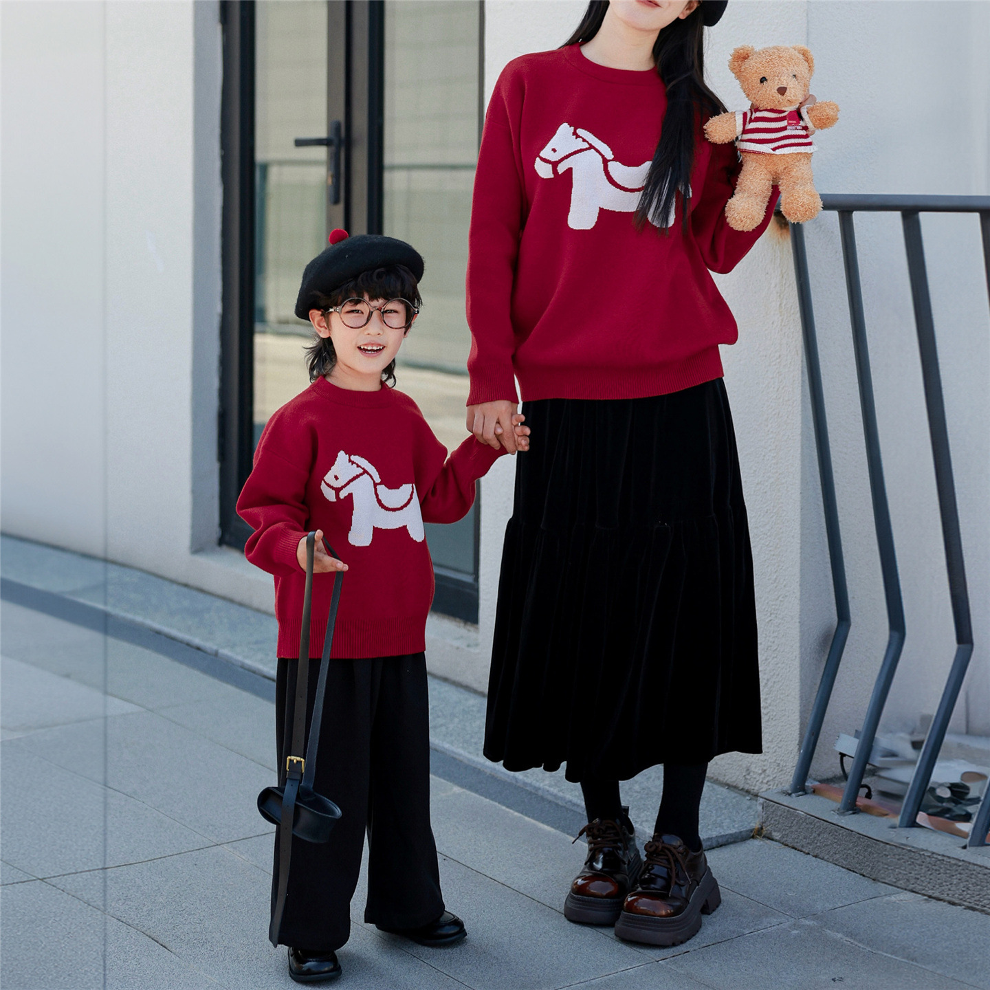 New Years Day Family Matching Sweater Red With A Little Horse Pattern For Mother And Daughter — photo 5