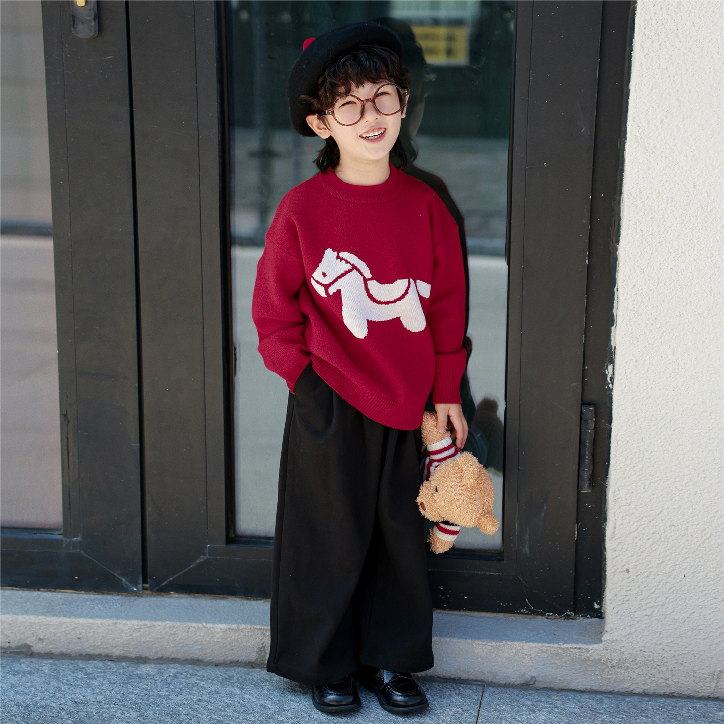 New Years Day Family Matching Sweater Red With A Little Horse Pattern For Mother And Daughter — photo 6