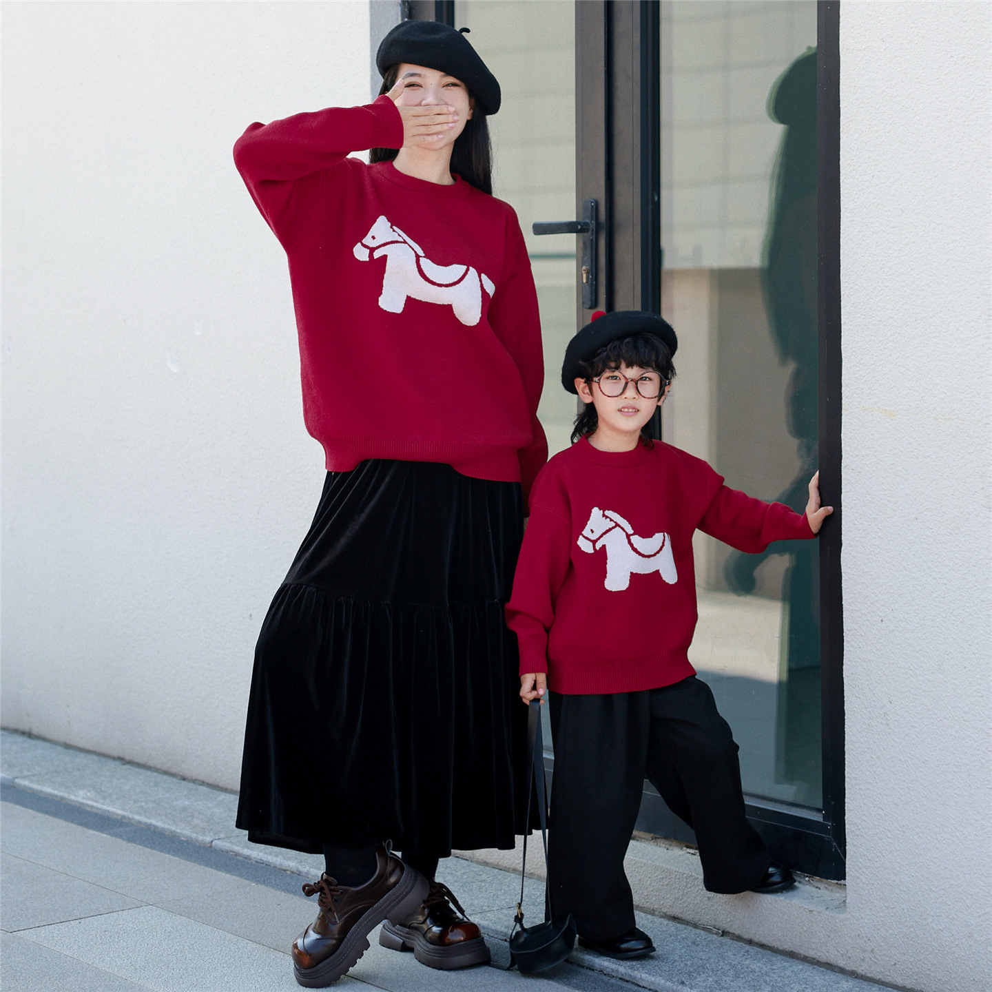 New Years Day Family Matching Sweater Red With A Little Horse Pattern For Mother And Daughter — photo 7