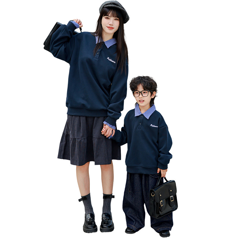 Retro Parent-child Outfit Plaid Patchwork Shirt-collar Hoodie Faux Two-piece Pullover Top — photo 3