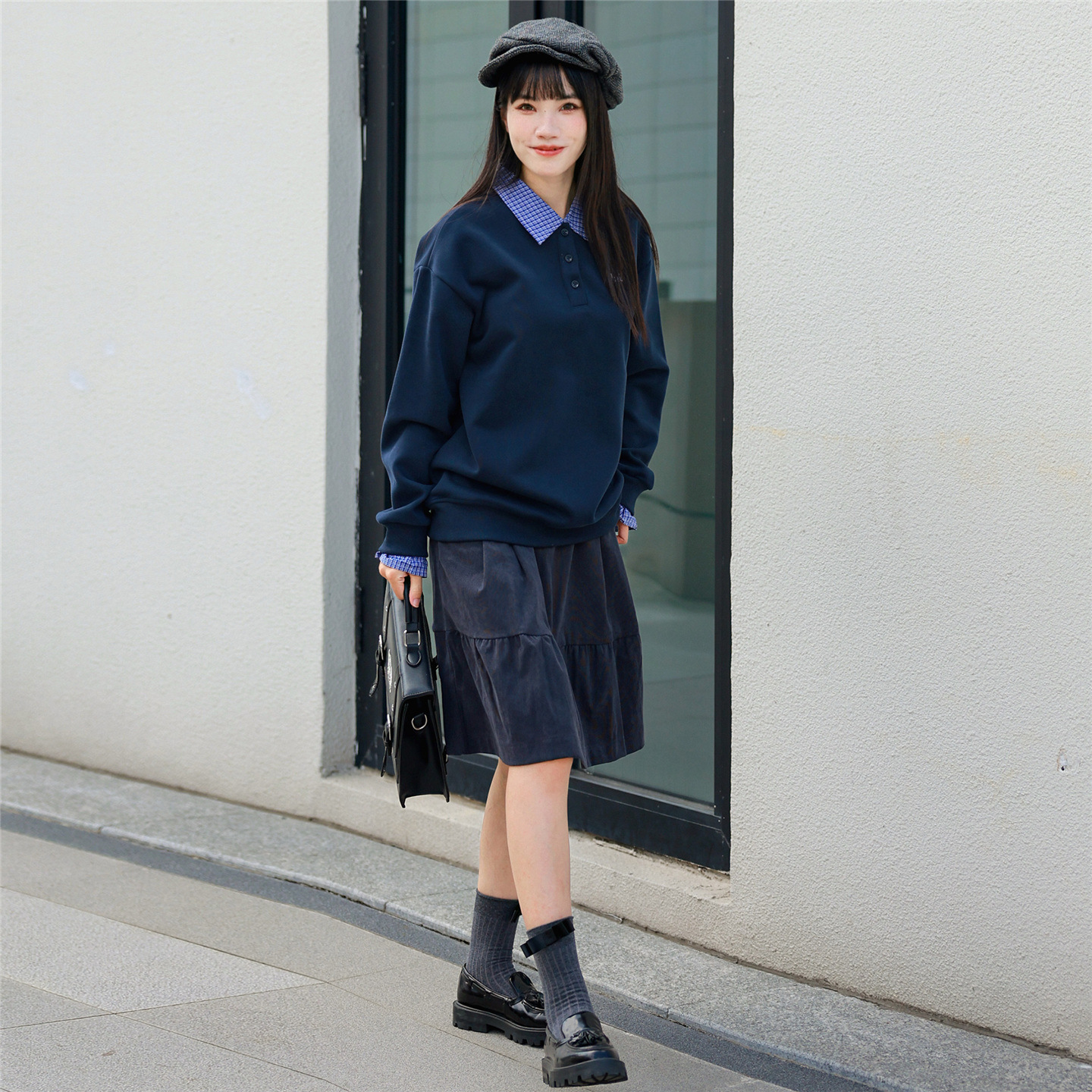 Retro Parent-child Outfit Plaid Patchwork Shirt-collar Hoodie Faux Two-piece Pullover Top — photo 5