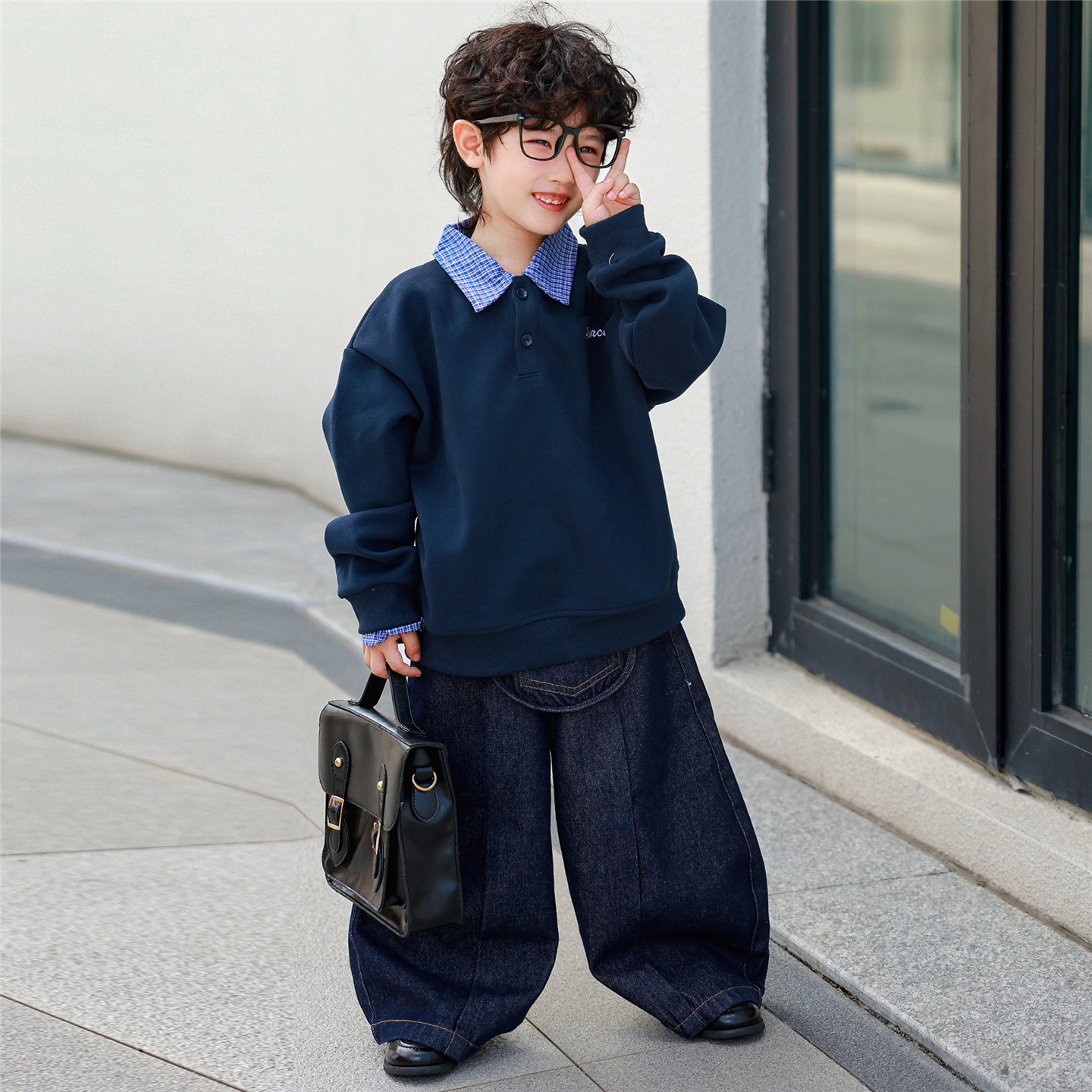 Retro Parent-child Outfit Plaid Patchwork Shirt-collar Hoodie Faux Two-piece Pullover Top — photo 7