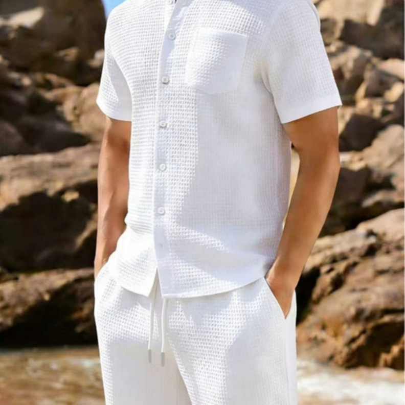 Short-sleeve Jacquard-buttoned Lapel Solid-color Sporty Casual Outfit Set