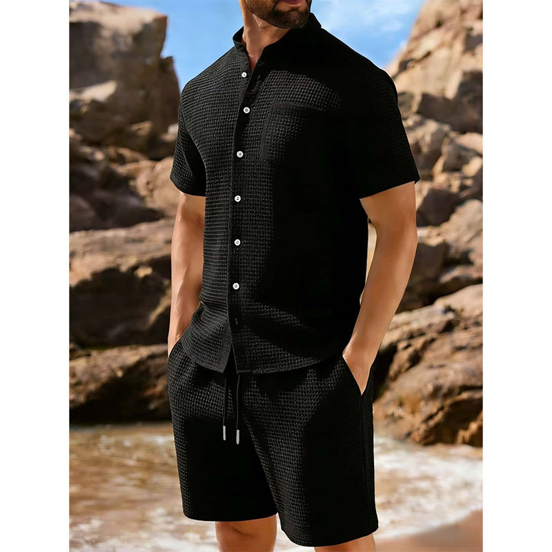 Short-sleeve Jacquard-buttoned Lapel Solid-color Sporty Casual Outfit Set — photo 3