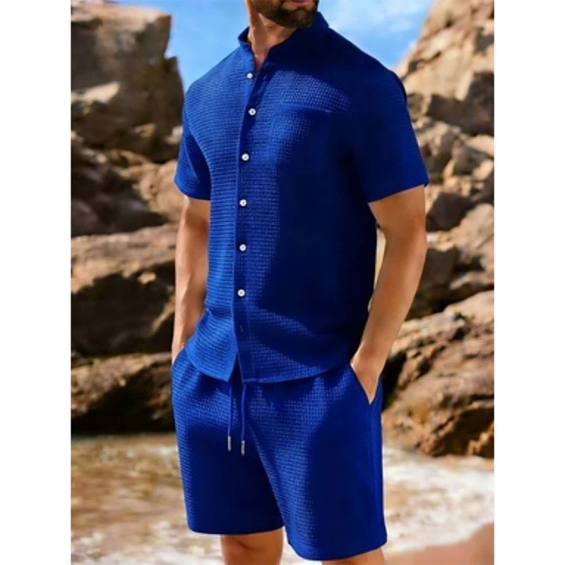 Short-sleeve Jacquard-buttoned Lapel Solid-color Sporty Casual Outfit Set — photo 4