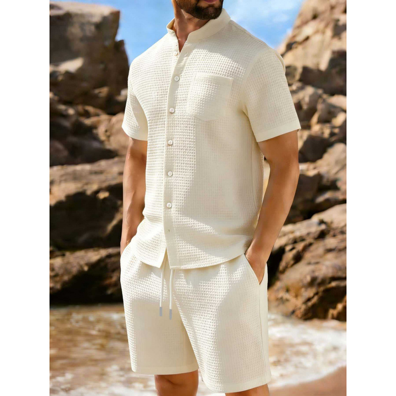 Short-sleeve Jacquard-buttoned Lapel Solid-color Sporty Casual Outfit Set — photo 5