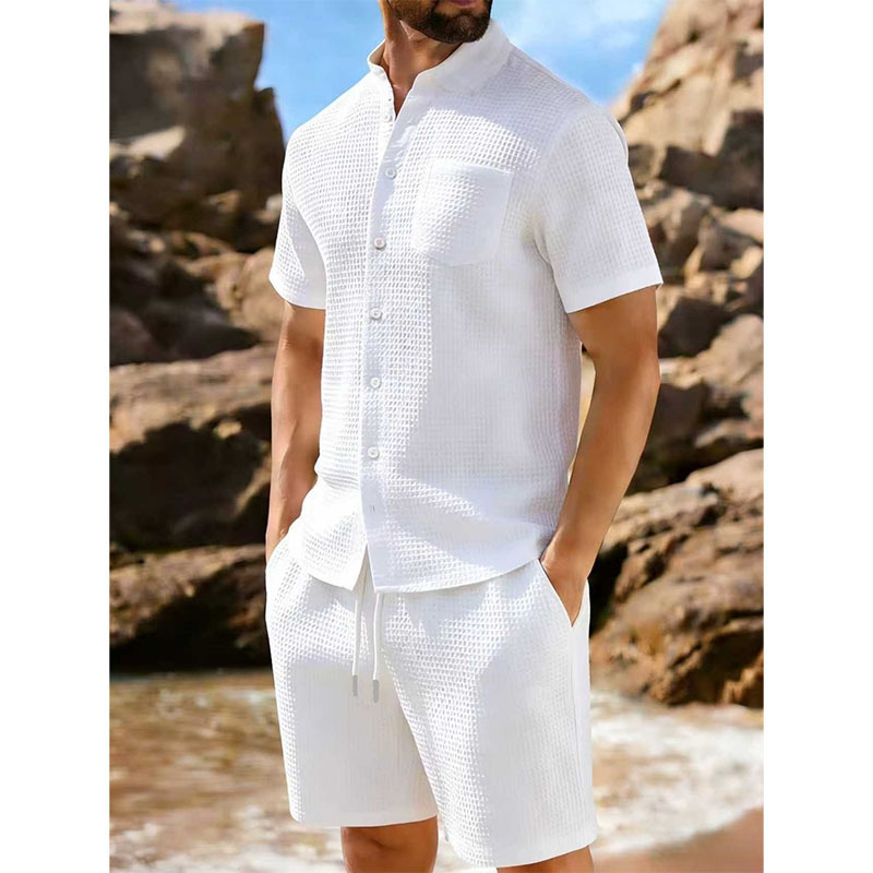 Short-sleeve Jacquard-buttoned Lapel Solid-color Sporty Casual Outfit Set — photo 7