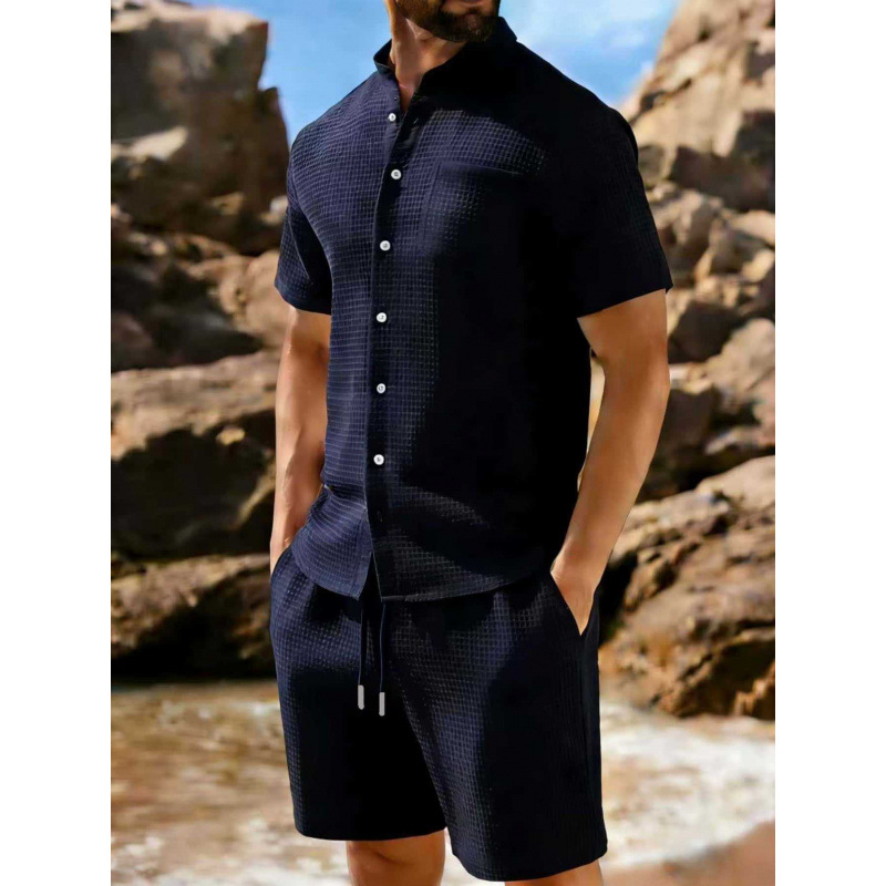 Short-sleeve Jacquard-buttoned Lapel Solid-color Sporty Casual Outfit Set — photo 8