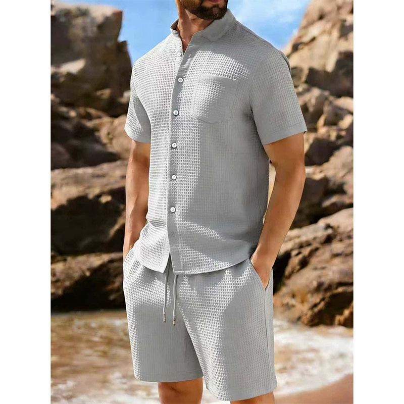 Short-sleeve Jacquard-buttoned Lapel Solid-color Sporty Casual Outfit Set — photo 9