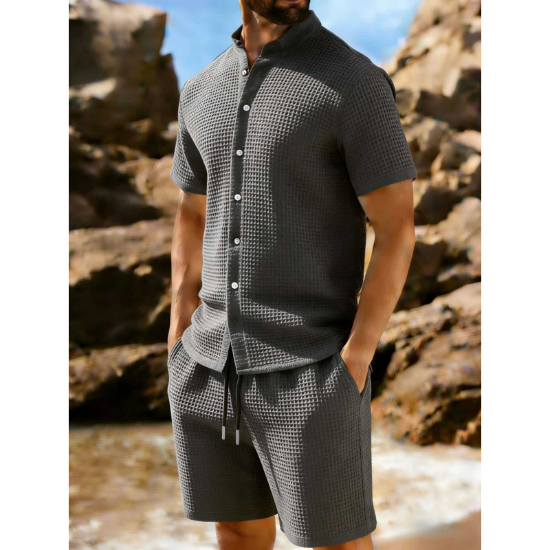 Short-sleeve Jacquard-buttoned Lapel Solid-color Sporty Casual Outfit Set — photo 10