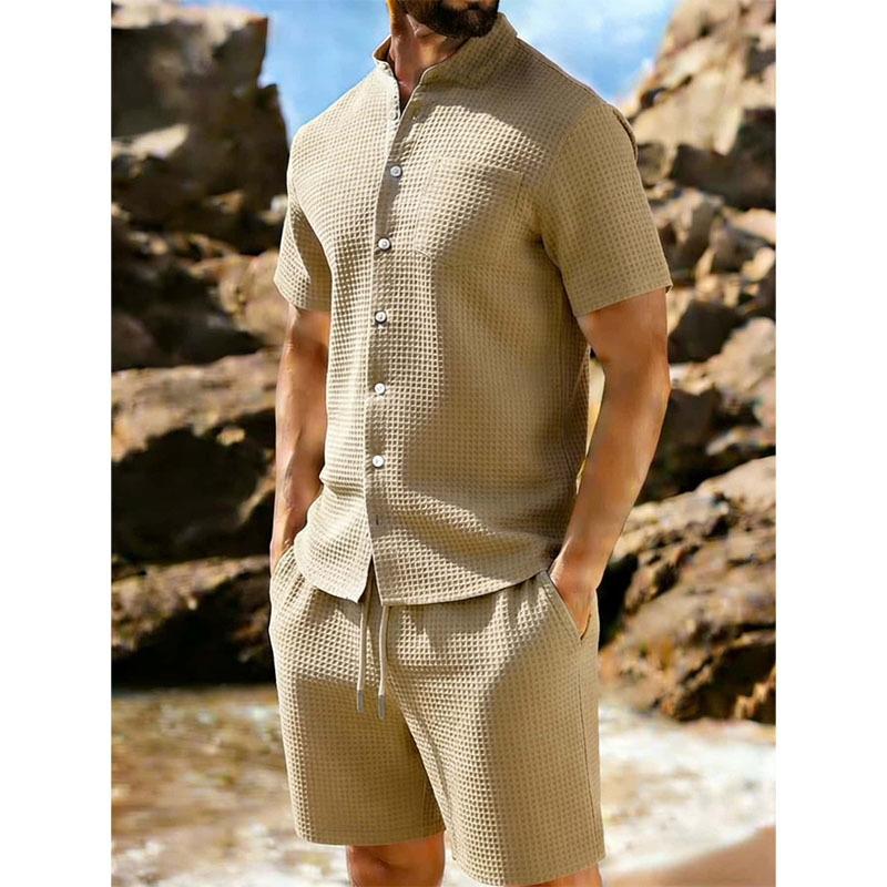 Short-sleeve Jacquard-buttoned Lapel Solid-color Sporty Casual Outfit Set — photo 11